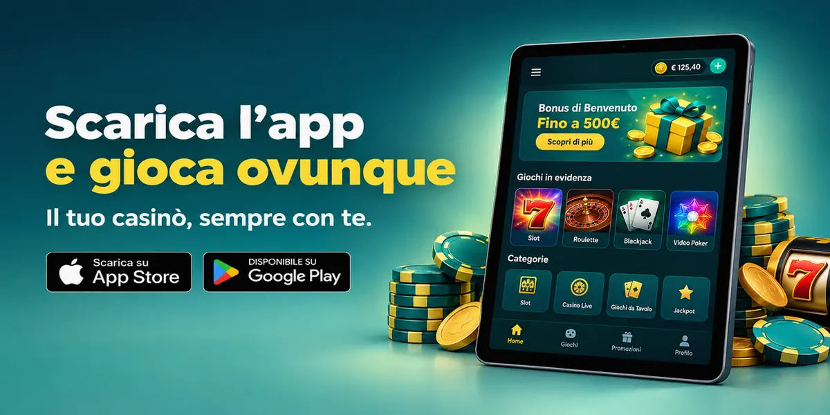 Mobile app download promo for Casino Rodos with App Store and Google Play badges, localized for Italy.